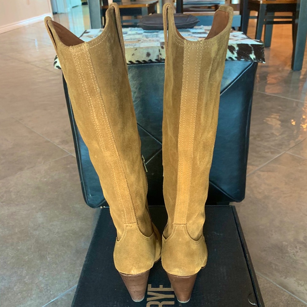 Frye Tan Suede Knee-High Heeled Boots - Picture 4 of 9